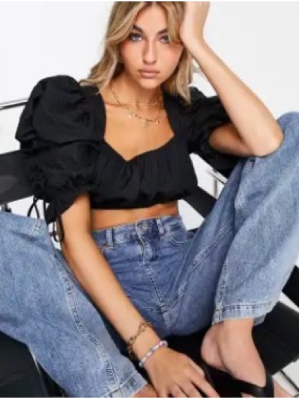 ASOS Black puff-Shoulder Smocked Crop Top